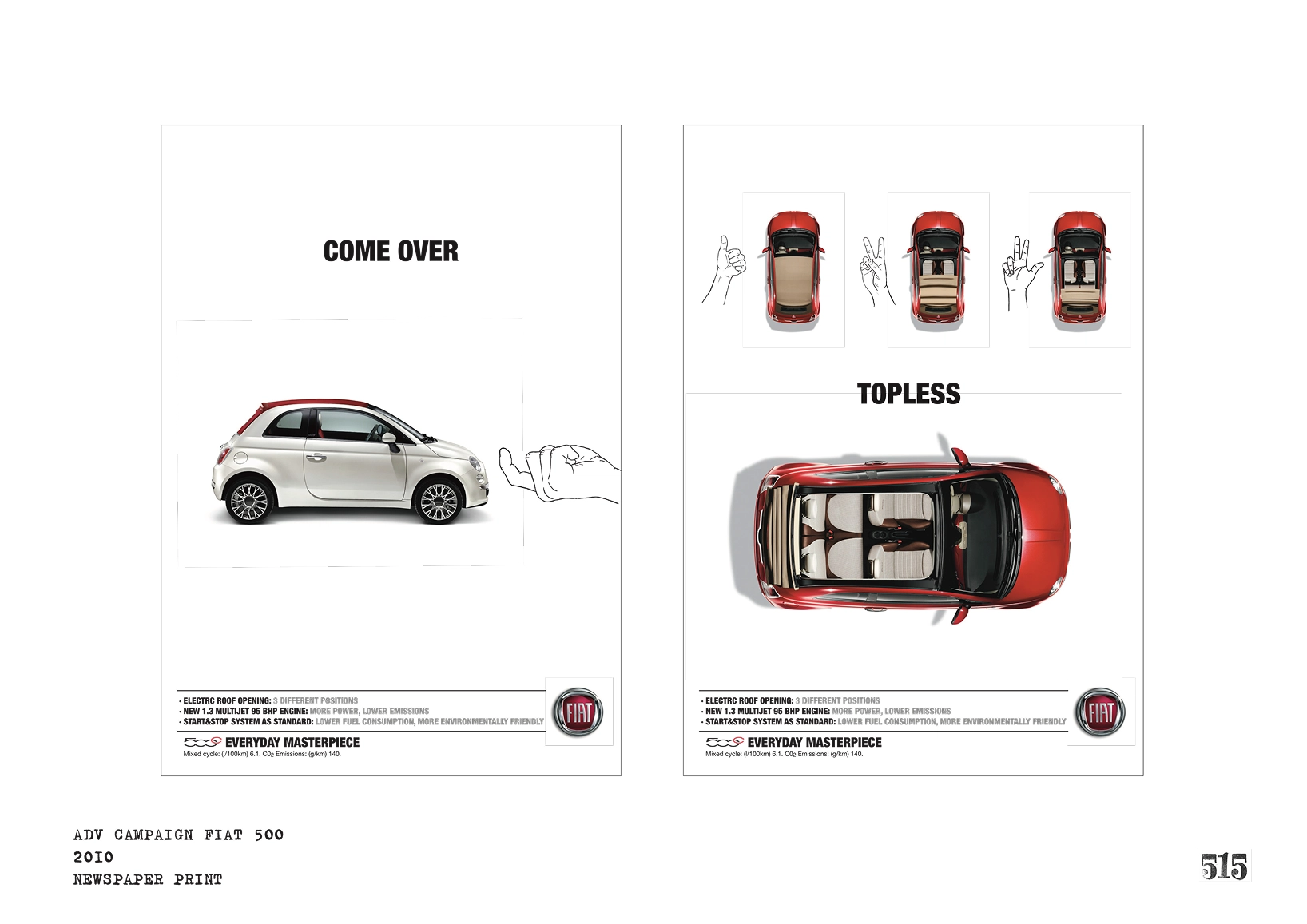 Fiat 500 — Come Over campaign cards with hand gestures and red Fiat 500