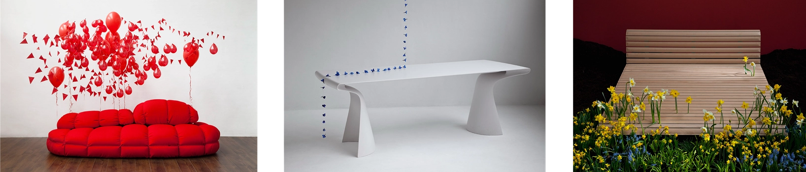 Skitsch — furniture photography with red sofa, white table and wooden bench